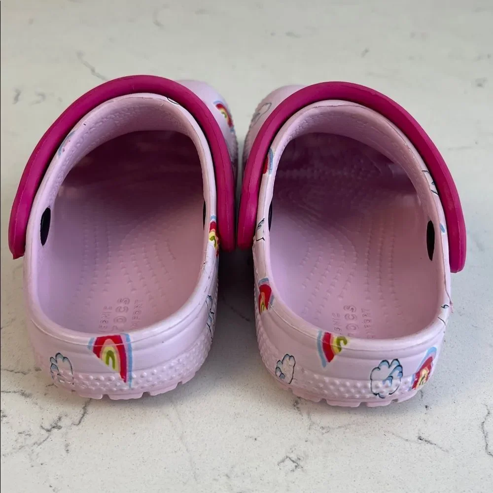 CROCS Kids Light Pink Clogs with Rainbow & Cloud Design Size 7